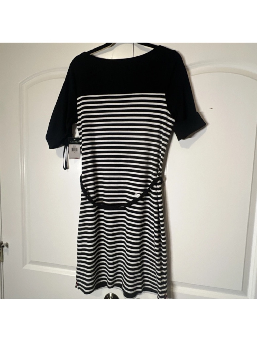 Lauren Ralph Lauren Black & White Striped Midi Dress with Self-Tie